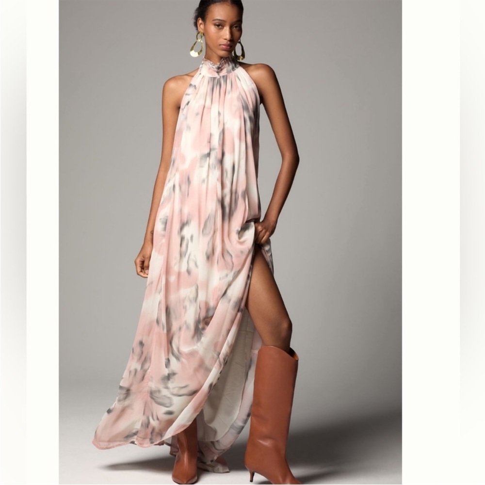 Anthropologie Blush and Gray Watercolor Halter Maxi Dress - Picture 2 of 16